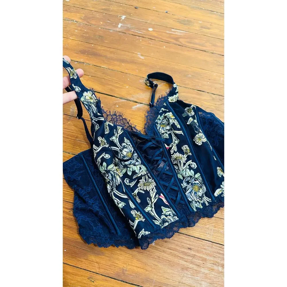 VICTORIA SECRET VS Navy Floral Dream Angel Unlined Lace Up Corset Bra Top sz L